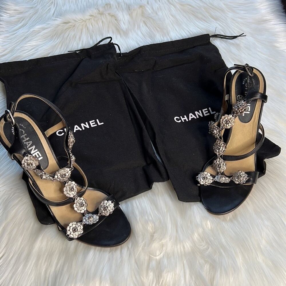 Chanel Black Camellia Charm Wedge Sandals - Picture 7 of 15
